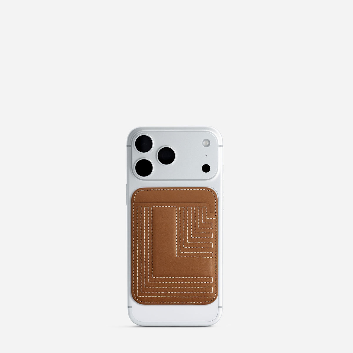 MagSafe cardholder in Canyon, initial L, on phone