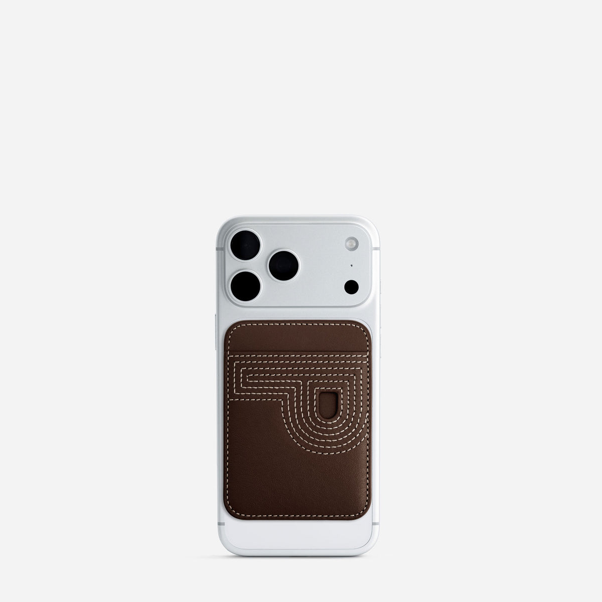 MagSafe cardholder in Espresso, initial P, on phone