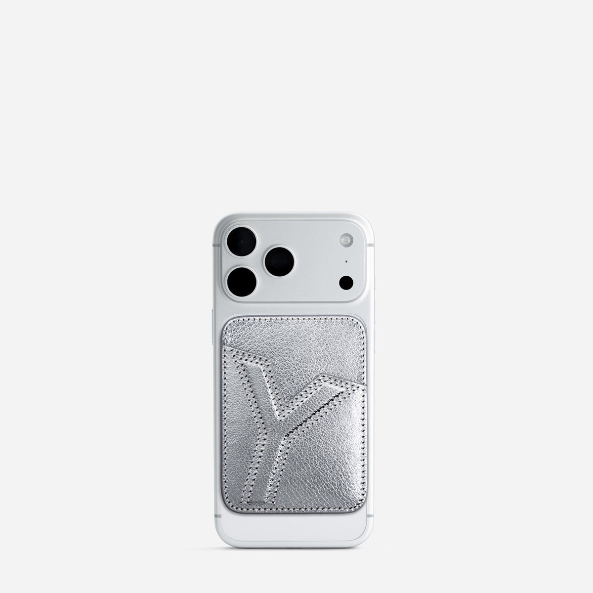 MagSafe cardholder in Metallic Silver, initial Y, on phone