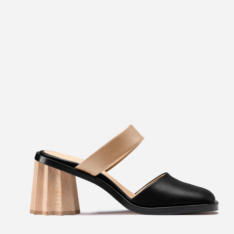Pleated Heel Mule - Black & Beige