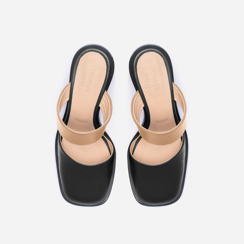 Pleated Heel Mule - Black & Beige